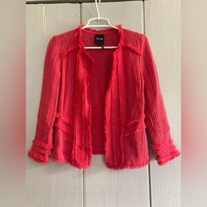 NIC ZOE Crochet Knit Open Front Cardigan Blazer 3/4 Sleeve Coral Red Sz Xs